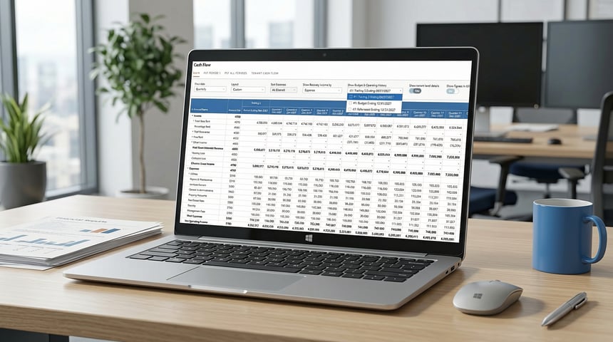 Rockport VAL Cash Flow report open on a laptop, showing historical actuals alongside projections in a single view.